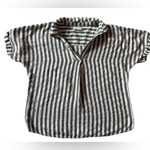 Emory Park Charcoal Gray & White Striped V Neck Collared Blouse